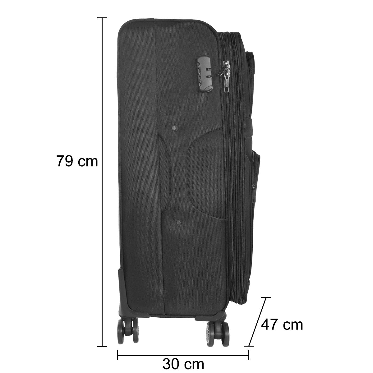 Set 3 trolere voiaj, Naimeed D5595, 4 roti duble 360 grade, material textil, inchidere cifru, Negru