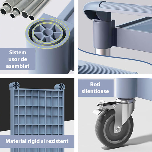 Carucior servire, 3 rafturi, Naimeed D5656, roti 360, sistem de blocare, manere ergonomice, 84x49x104cm, 75kg, Albastru