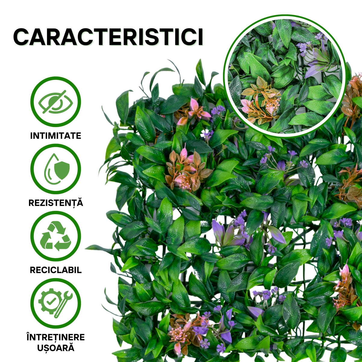 Panou din plante artificiale, cu frunze si flori, Naimeed D5898, Verde-Mov, 600x400mm