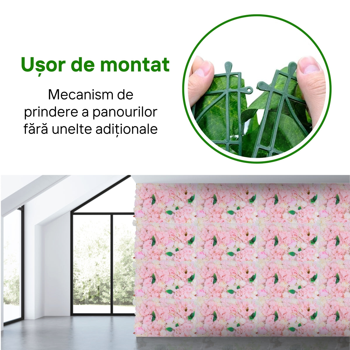 Panou din plante artificiale cu flori, Naimeed D5912, Roz, 600x400mm