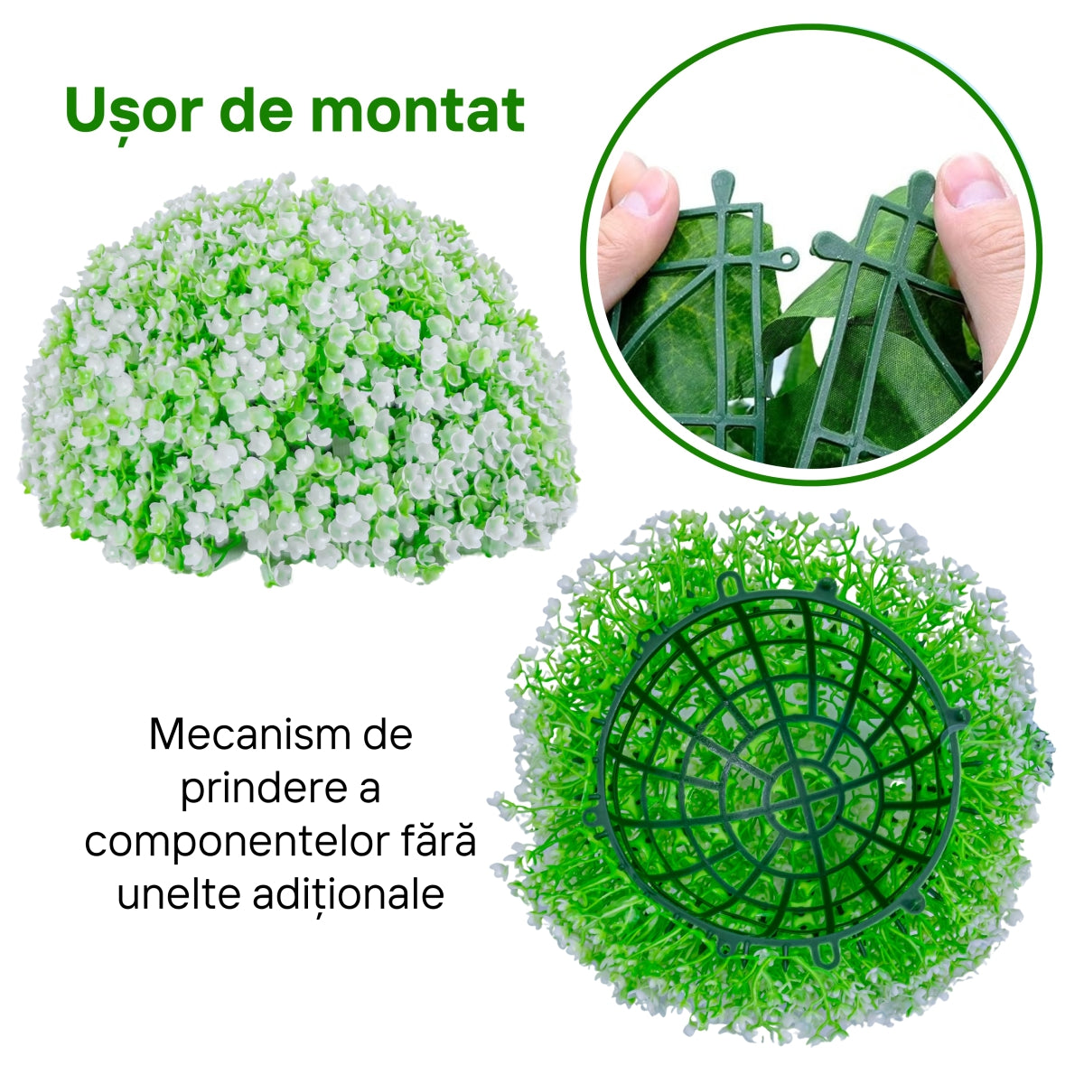 Sfera din plante artificiale, cu flori, Naimeed D5932, Verde-Alb, 200mm