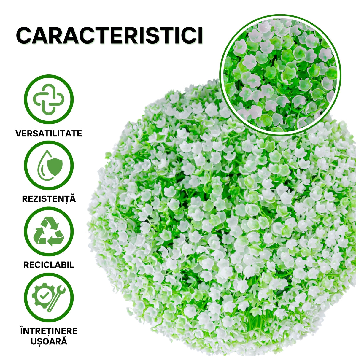 Sfera din plante artificiale, cu flori, Naimeed D5932, Verde-Alb, 200mm