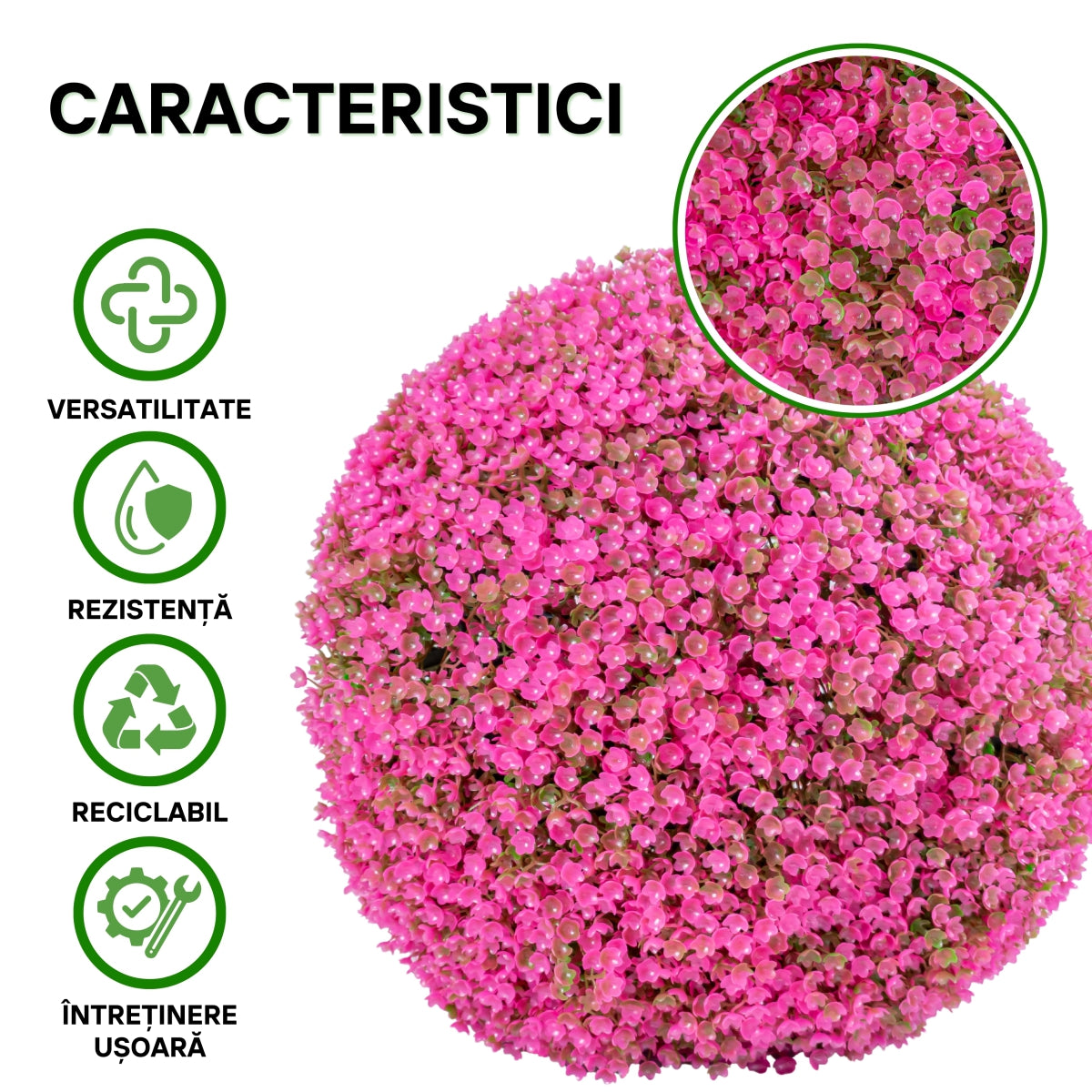 Sfera din plante artificiale, cu flori, Naimeed D5940, Roz Inchis, 200mm