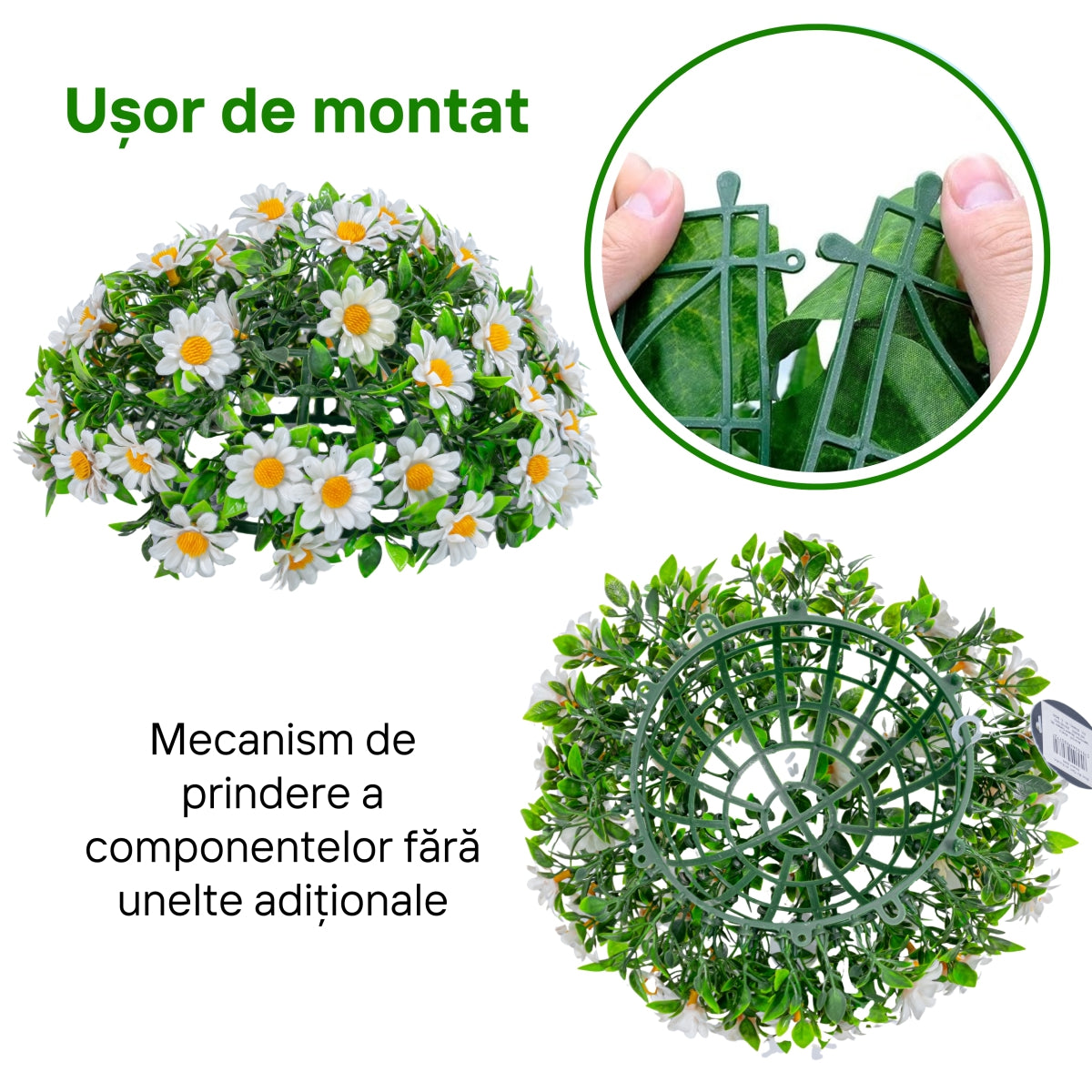 Sfera din plante artificiale, cu flori, Naimeed D5947, Vernil, 280mm