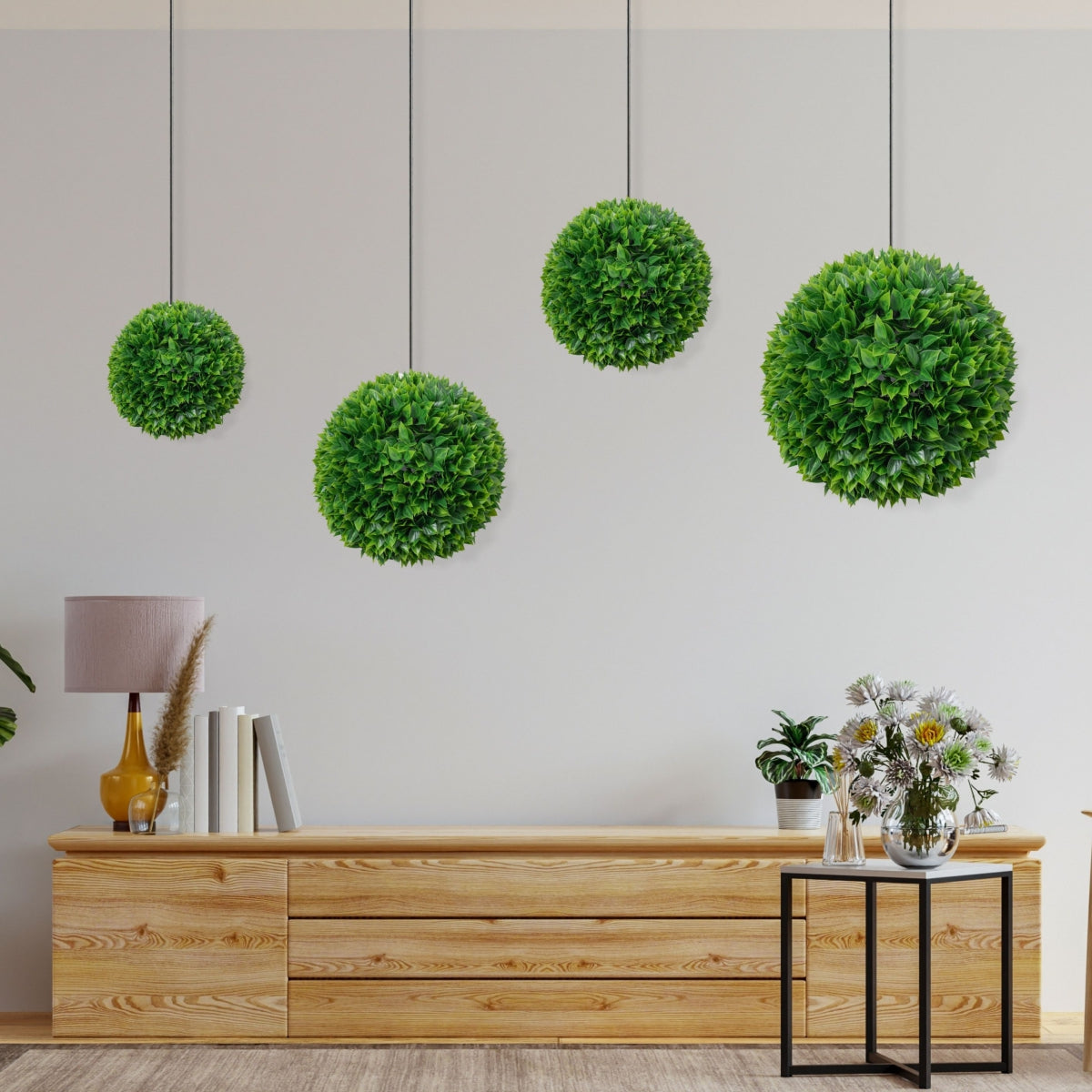 Sfera din plante artificiale, cu flori, Naimeed D5951, Verde intens, 280mm