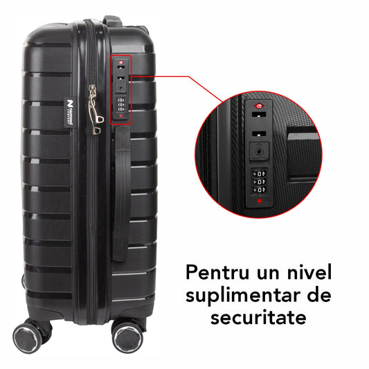 Troler voiaj Mare XL, StowAway, Naimeed D5962, 4 roti duble 360 grade detasabile , PP, inchidere cifru, Negru, 51x29.5x70cm