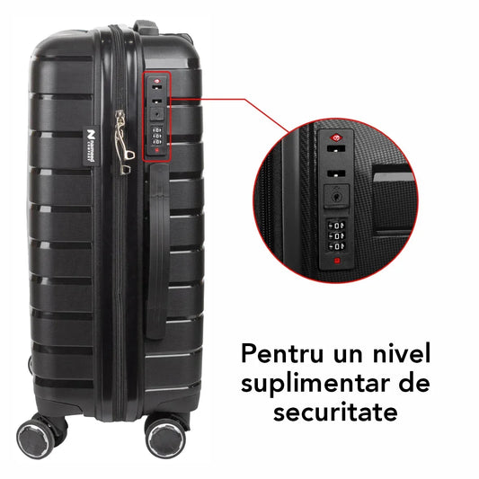 Troler voiaj Mare XL, StowAway, Naimeed D5962, 4 roti duble 360 grade detasabile , PP, inchidere cifru, Negru, 51x29.5x70cm - 221.ro