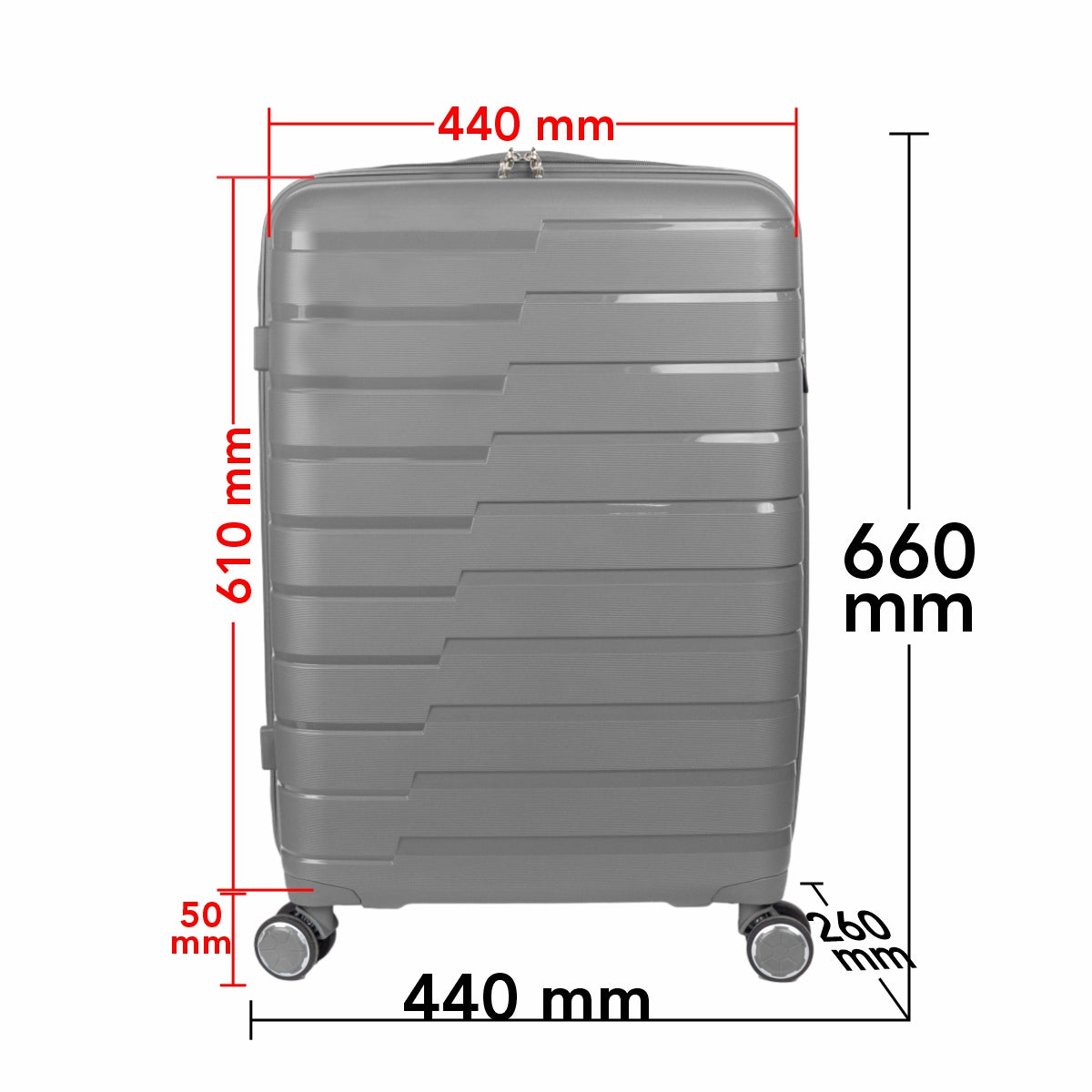 Troler voiaj Mare L, StowAway, Naimeed D5965, 4 roti duble 360 grade detasabile , PP, inchidere cifru, Gri, 44x26x61cm