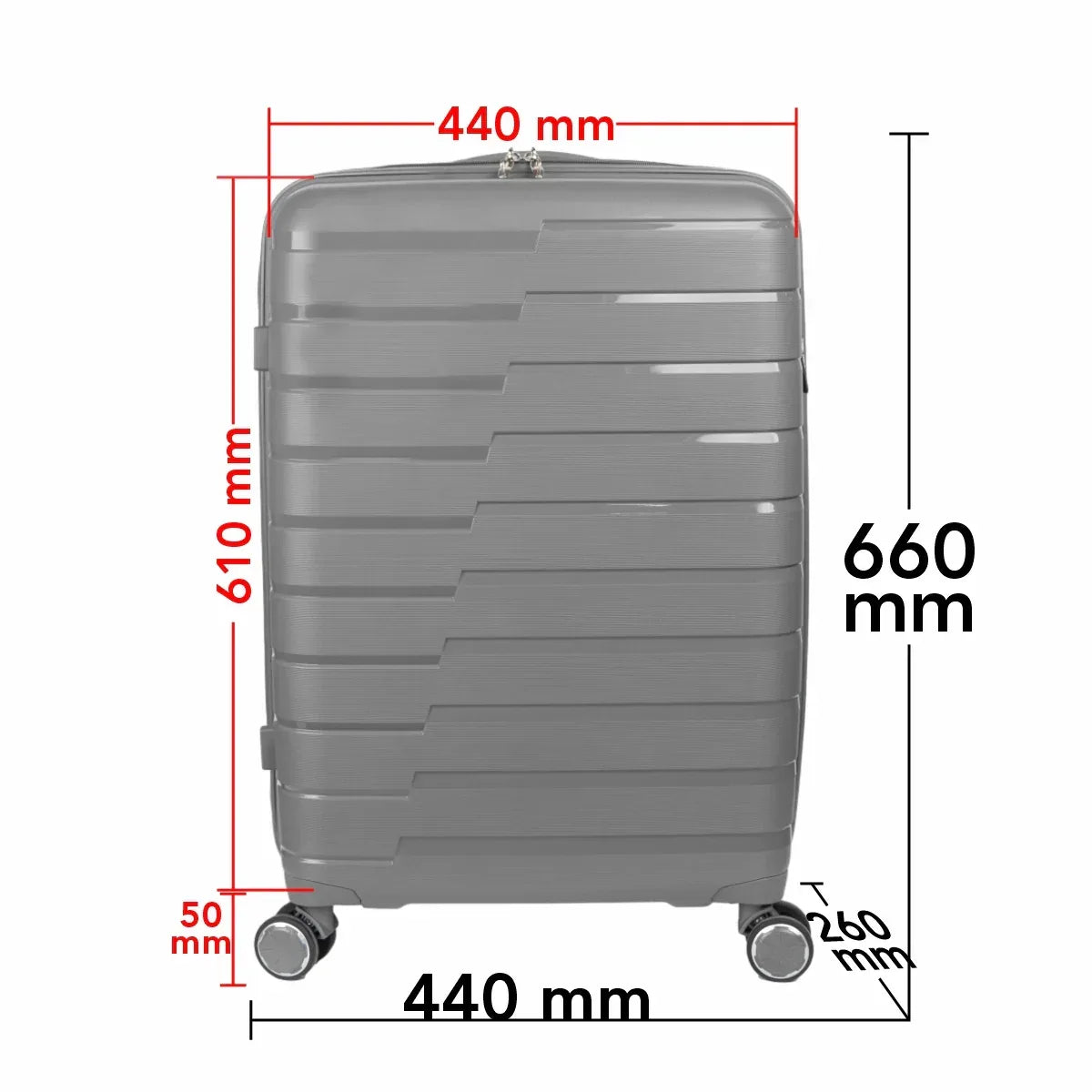Troler voiaj Mare L, StowAway, Naimeed D5965, 4 roti duble 360 grade detasabile , PP, inchidere cifru, Gri, 44x26x61cm - 221.ro
