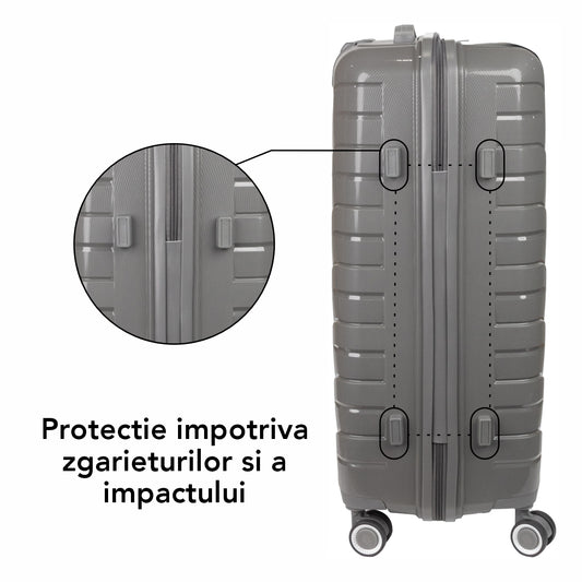 Troler voiaj Mare L, StowAway, Naimeed D5967, 4 roti duble 360 grade, PP, inchidere cifru, Gri, 44x26x61cm