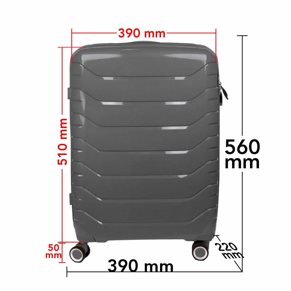 Troler voiaj Mediu M, StowAway, Naimeed D5967, 4 roti duble 360 grade, PP, inchidere cifru, Gri, 39x22x51cm