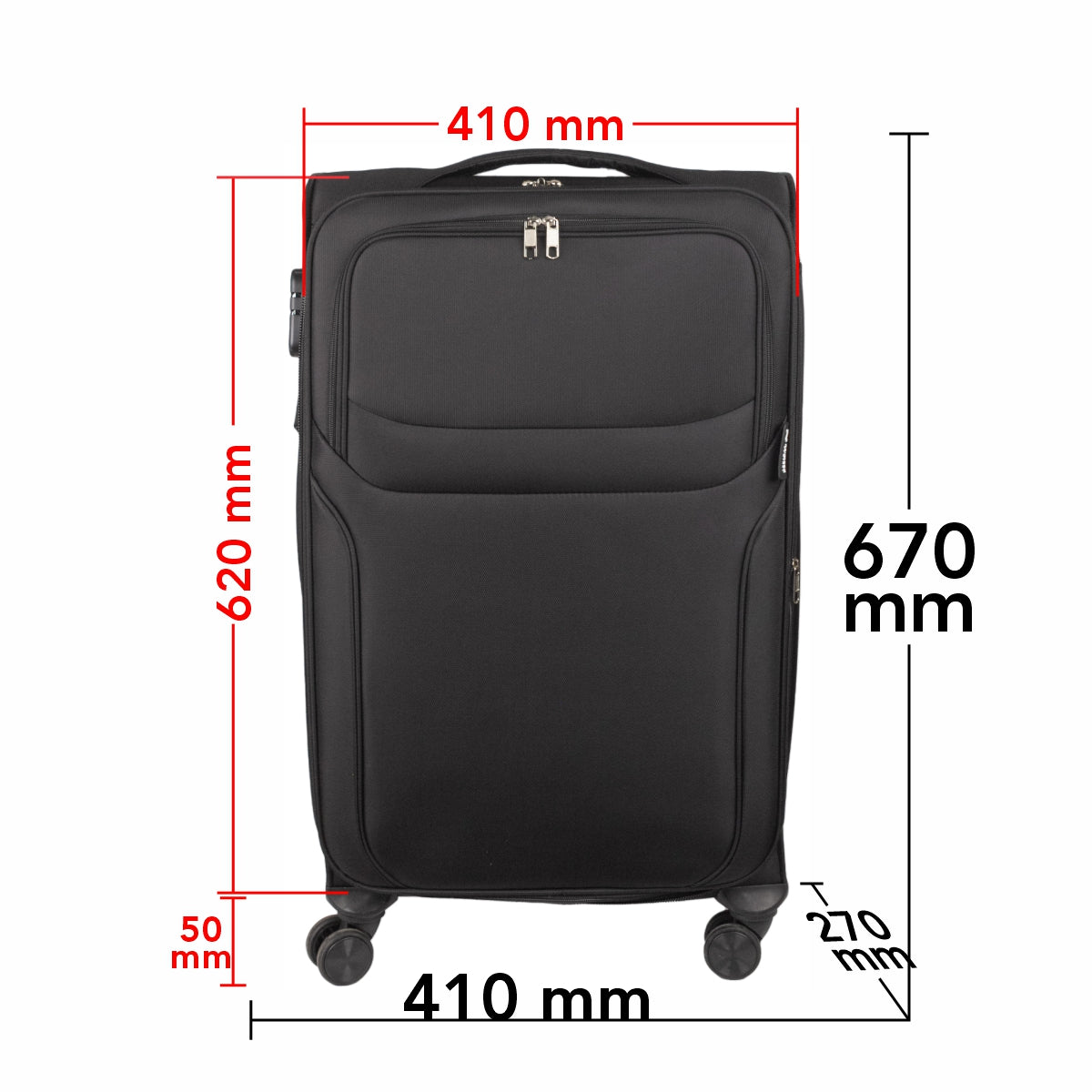 Troler voiaj Mediu, Naimeed D5971, 4 roti duble 360 grade, material textil, inchidere cifru, Negru, 41x27x62cm