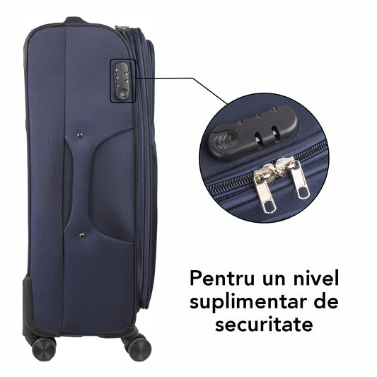 Troler voiaj Mediu, Naimeed D5972, 4 roti duble 360 grade, material textil, inchidere cifru, Albastru, 41x27x62cm