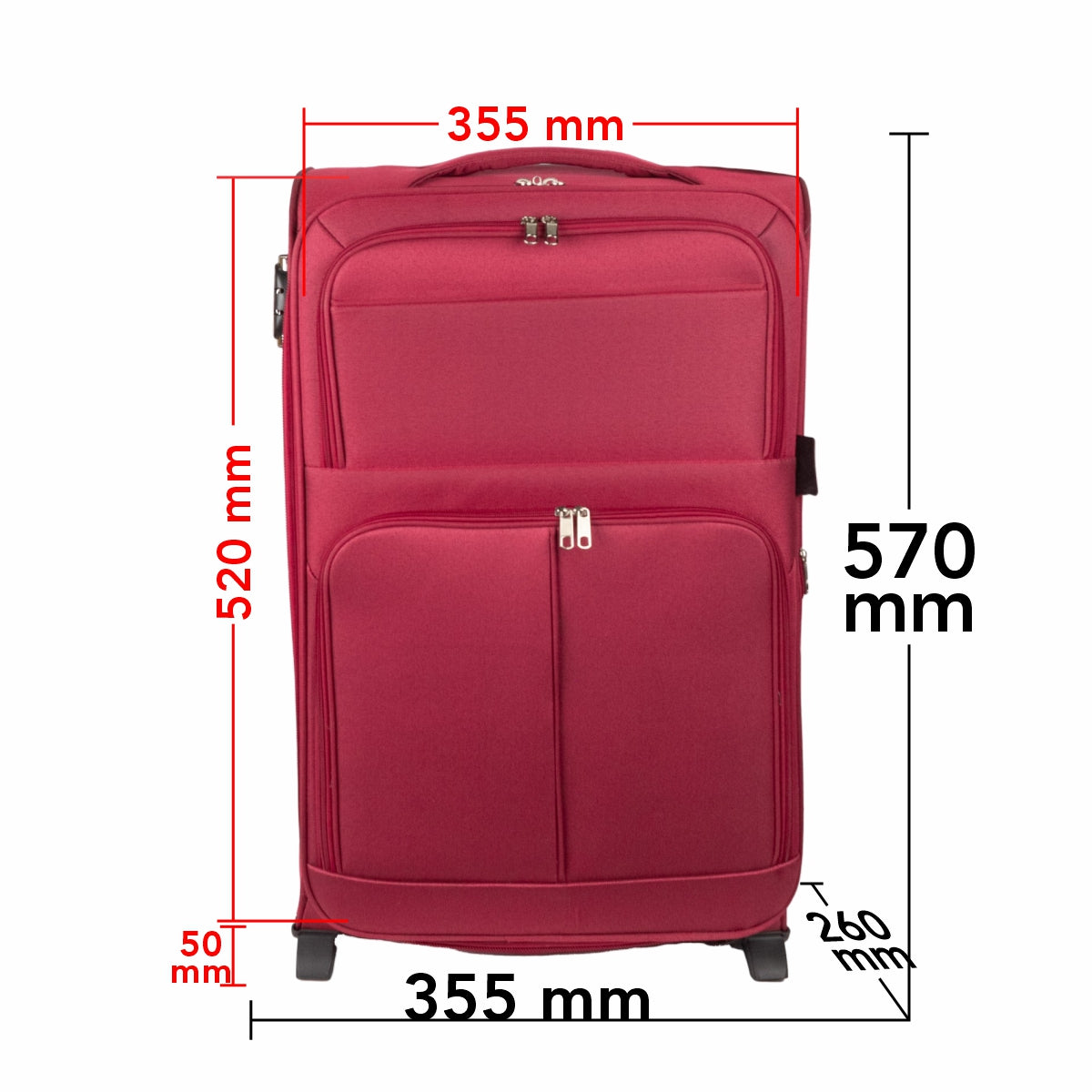 Troler voiaj Mic, Naimeed D5977, 2 roti, material textil, inchidere cifru, Rosu, 35.5x26x52cm