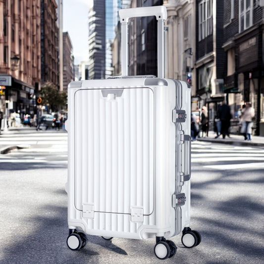 Troler, cabina avion, Naimeed D5989, Premium Voyage, fibra de carbon, port USB, compartiment pentru laptop, inchidere cifru, Alb, 49x34x24cm