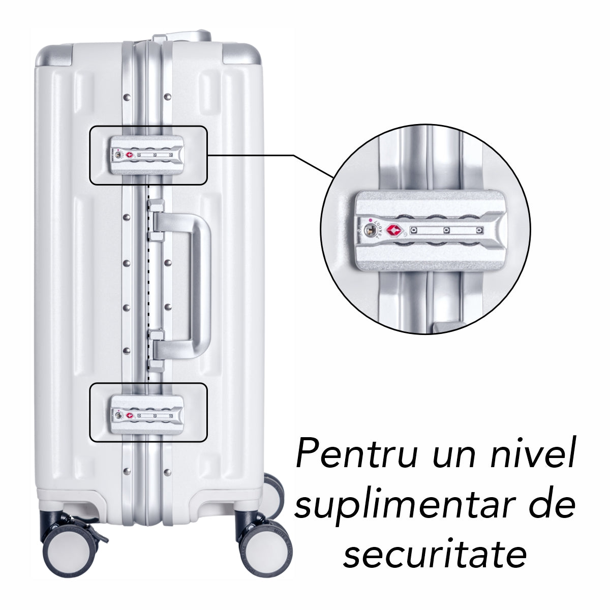 Troler, cabina avion, Naimeed D5989, Premium Voyage, fibra de carbon, port USB, compartiment pentru laptop, inchidere cifru, Alb, 49x34x24cm
