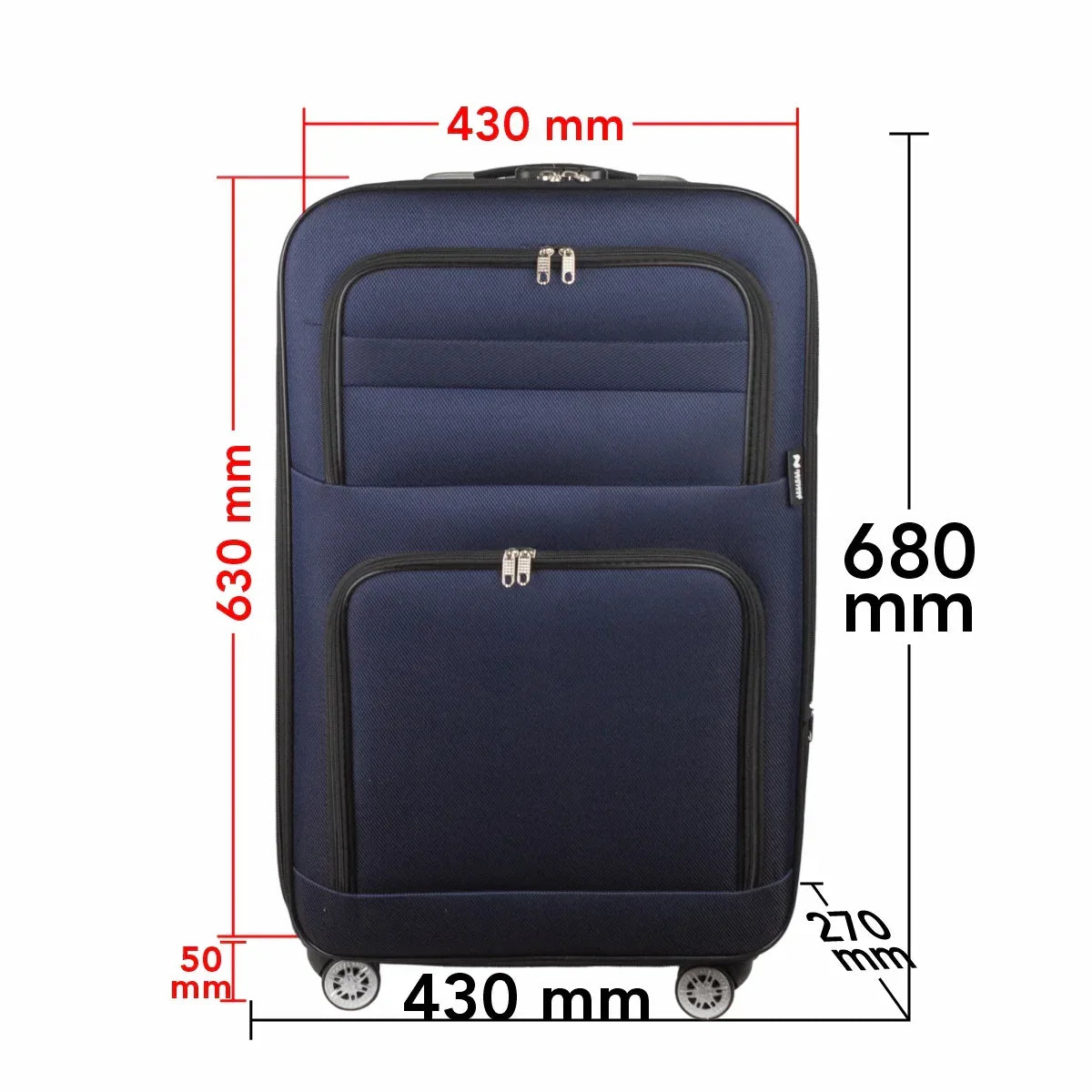 Troler voiaj Mediu, Naimeed D5993, 4 roti, material textil, inchidere cifru, Albastru, 43x27x63cm - 221.ro