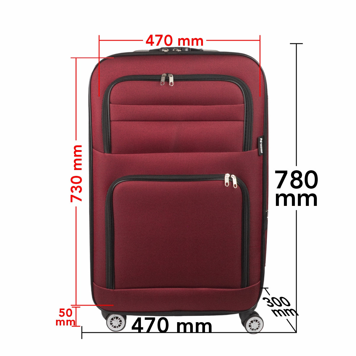 Troler voiaj Mare, Naimeed D5996, 4 roti, material textil, inchidere cifru, Rosu, 47x30x73cm