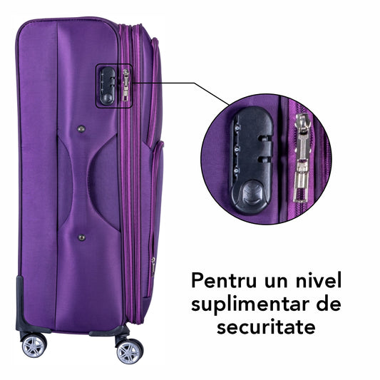 Troler voiaj Mediu, Naimeed D5997, 4 roti duble 360 grade, material textil, inchidere cifru, Mov, 41x23x68cm