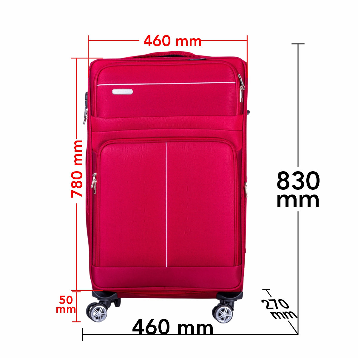 Troler voiaj Mare, Naimeed D6002, 4 roti duble 360 grade, material textil, inchidere cifru, Rosu, 46x27x78cm