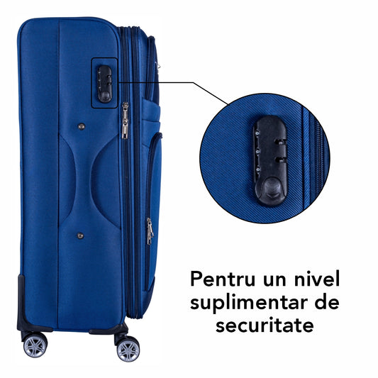 Troler voiaj Mare, Naimeed D6003, 4 roti duble 360 grade, material textil, inchidere cifru, Albastru, 46x27x78cm