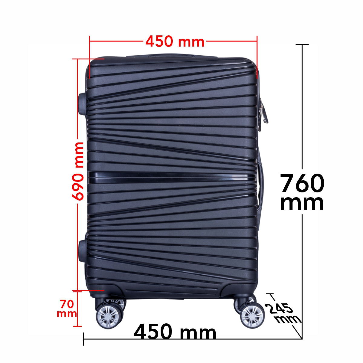 Troler voiaj Mare, Naimeed D6005, 4 roti duble 360 grade, PP, inchidere cifru, Negru, 45x24.5x69cm