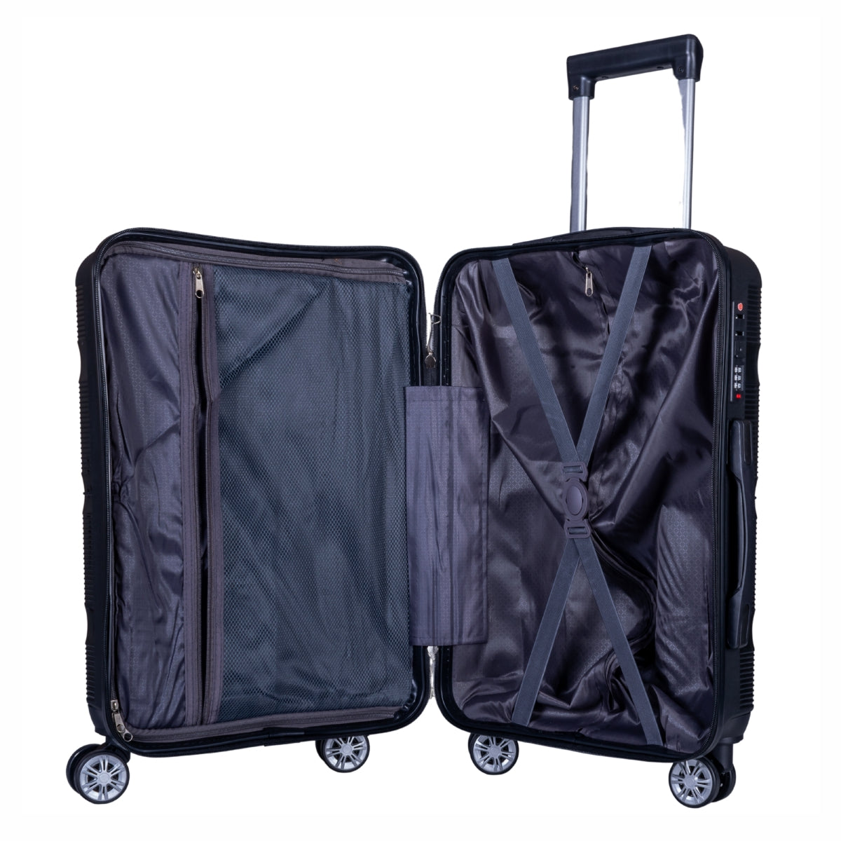 Troler voiaj Mare, Naimeed D6005, 4 roti duble 360 grade, PP, inchidere cifru, Negru, 45x24.5x69cm