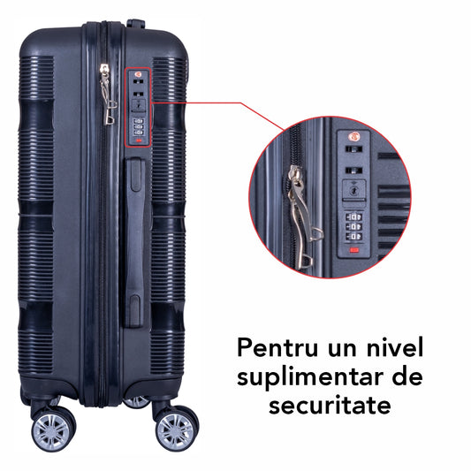 Troler voiaj Mediu, Naimeed D6007, 4 roti duble 360 grade, PP, inchidere cifru, Negru, 41x23x57cm