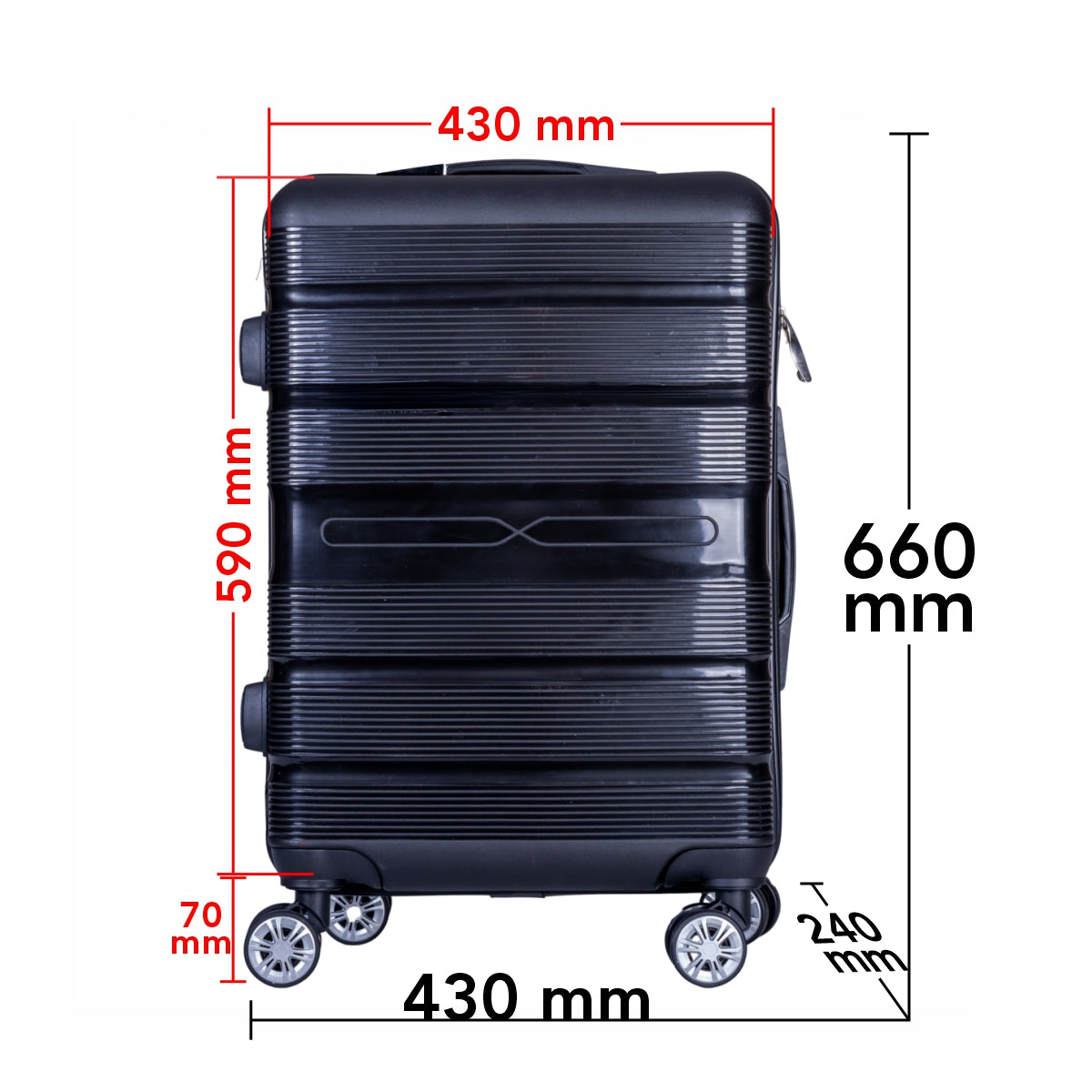Troler voiaj Mediu, Naimeed D6008, 4 roti duble 360 grade, PP, inchidere cifru, Negru, 43x24x59cm