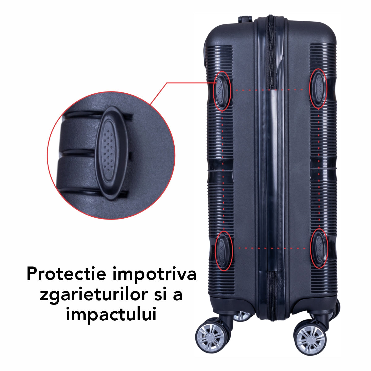 Troler voiaj Mediu, Naimeed D6008, 4 roti duble 360 grade, PP, inchidere cifru, Negru, 43x24x59cm