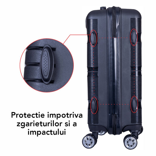 Troler voiaj Mediu, Naimeed D6008, 4 roti duble 360 grade, PP, inchidere cifru, Negru, 43x24x59cm