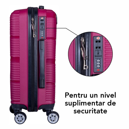 Troler voiaj Mic, Naimeed D6014, 4 roti duble 360 grade, PP, inchidere cifru, Visiniu, 33x20.5x45cm