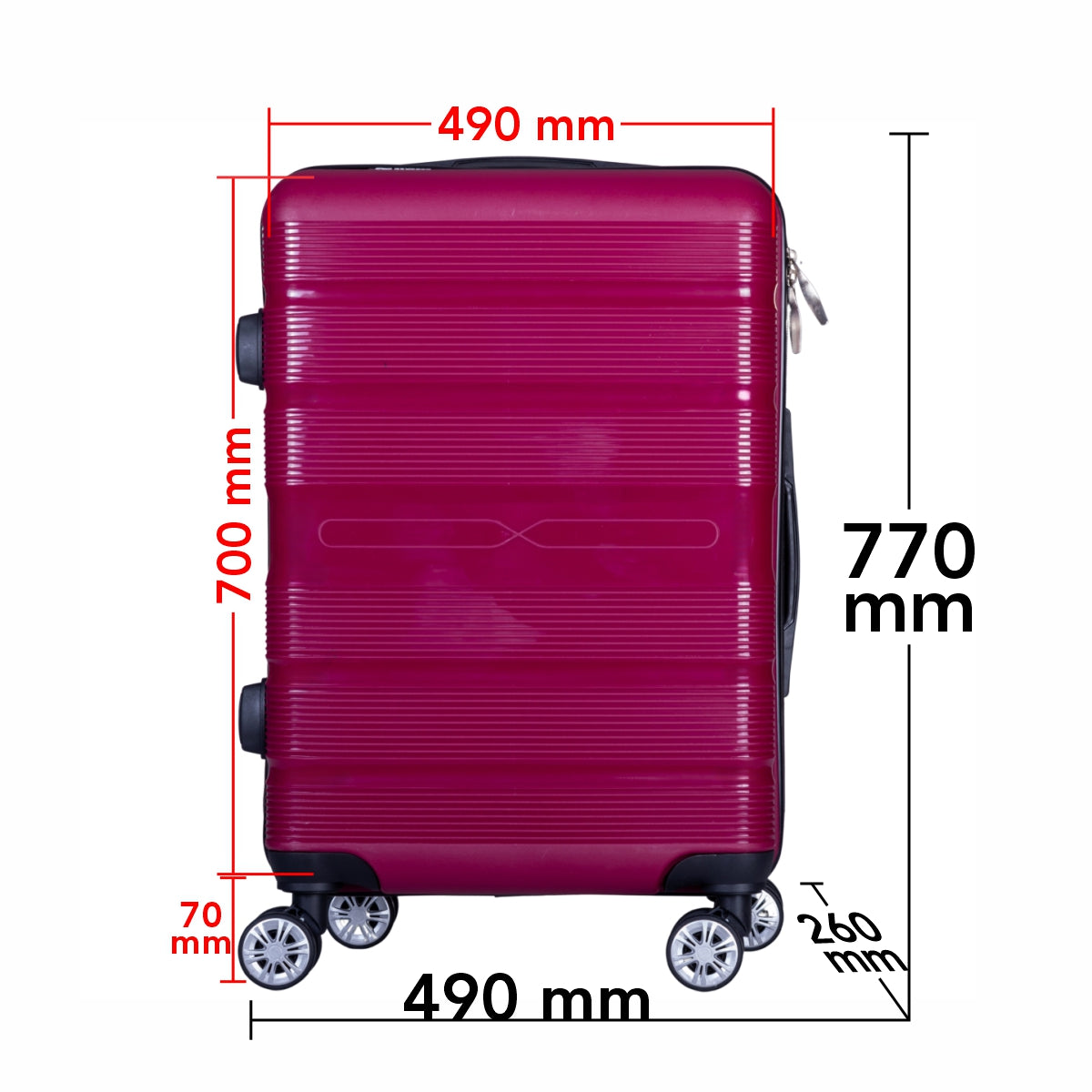 Troler voiaj Mare, Naimeed D6016, 4 roti duble 360 grade, PP, inchidere cifru, Visiniu, 49x26x70cm