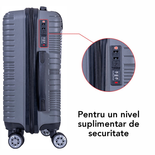 Troler voiaj Mic, Naimeed D6017, 4 roti duble 360 grade, PP, inchidere cifru, Gri, 31x20x43cm