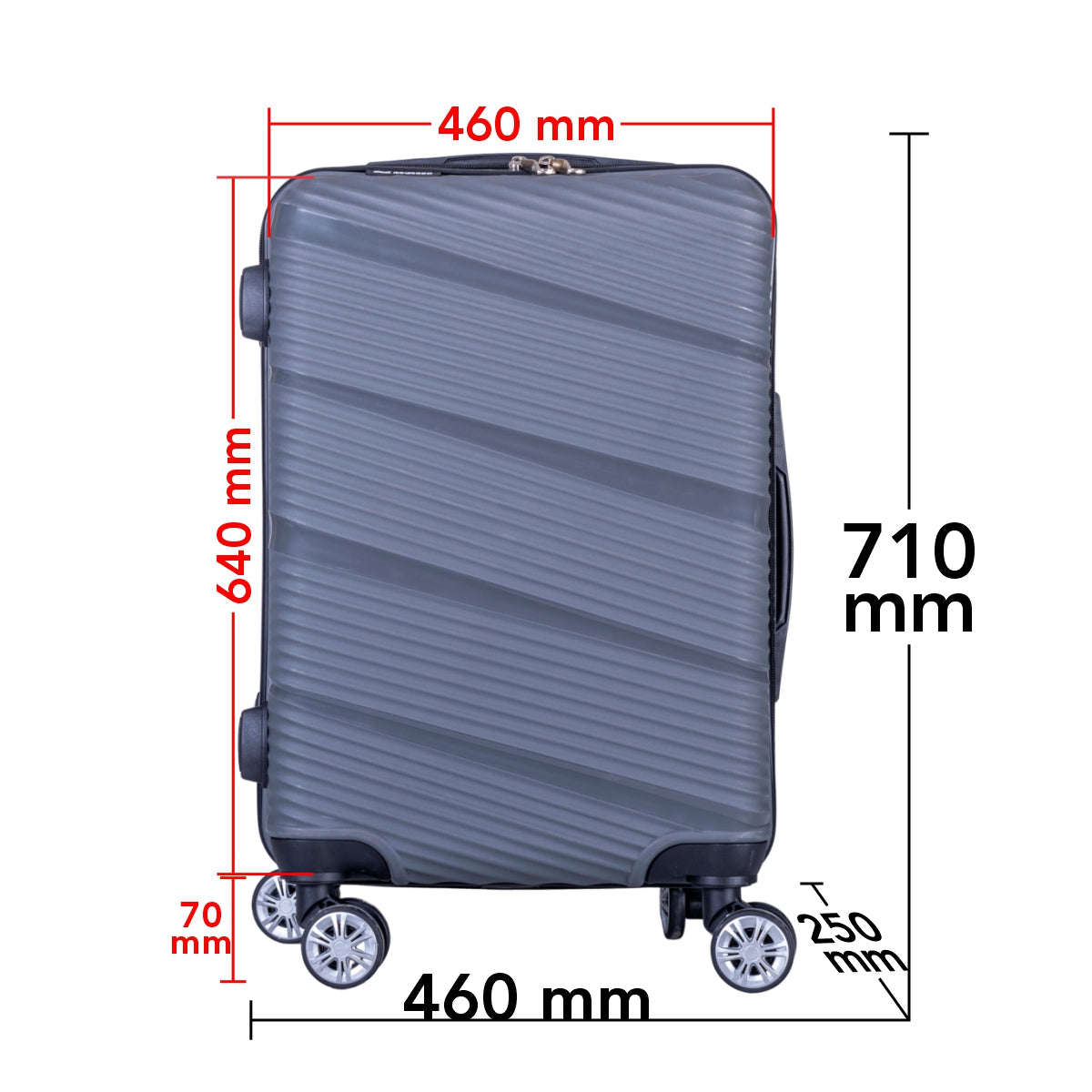 Troler voiaj Mare, Naimeed D6018, 4 roti duble 360 grade, PP, inchidere cifru, Gri, 46x25x64cm