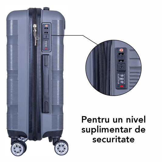 Troler voiaj Mic, Naimeed D6019, 4 roti duble 360 grade, PP, inchidere cifru, Gri, 35x21x47cm