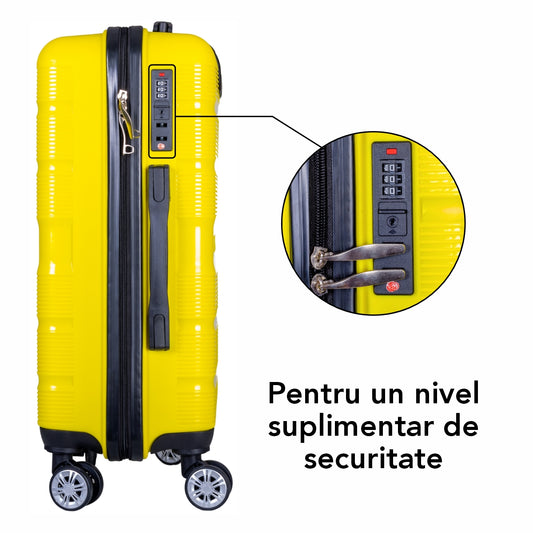 Troler voiaj Mic, Naimeed D6024, 4 roti duble 360 grade, PP, inchidere cifru, Galben, 36x21.5x50cm