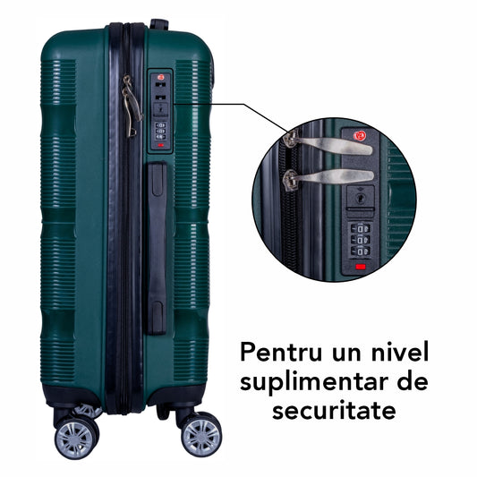 Troler voiaj Mare, Naimeed D6027, 4 roti duble 360 grade, PP, inchidere cifru, Verde, 47x25.5x67cm