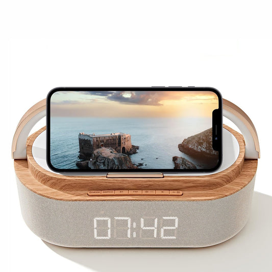 Ceas digital cu incarcator wireless incorporat, lumina de veghe reglabila, conexiune Bluetooth, Naimeed D6062, Maro, 225x87x116mm