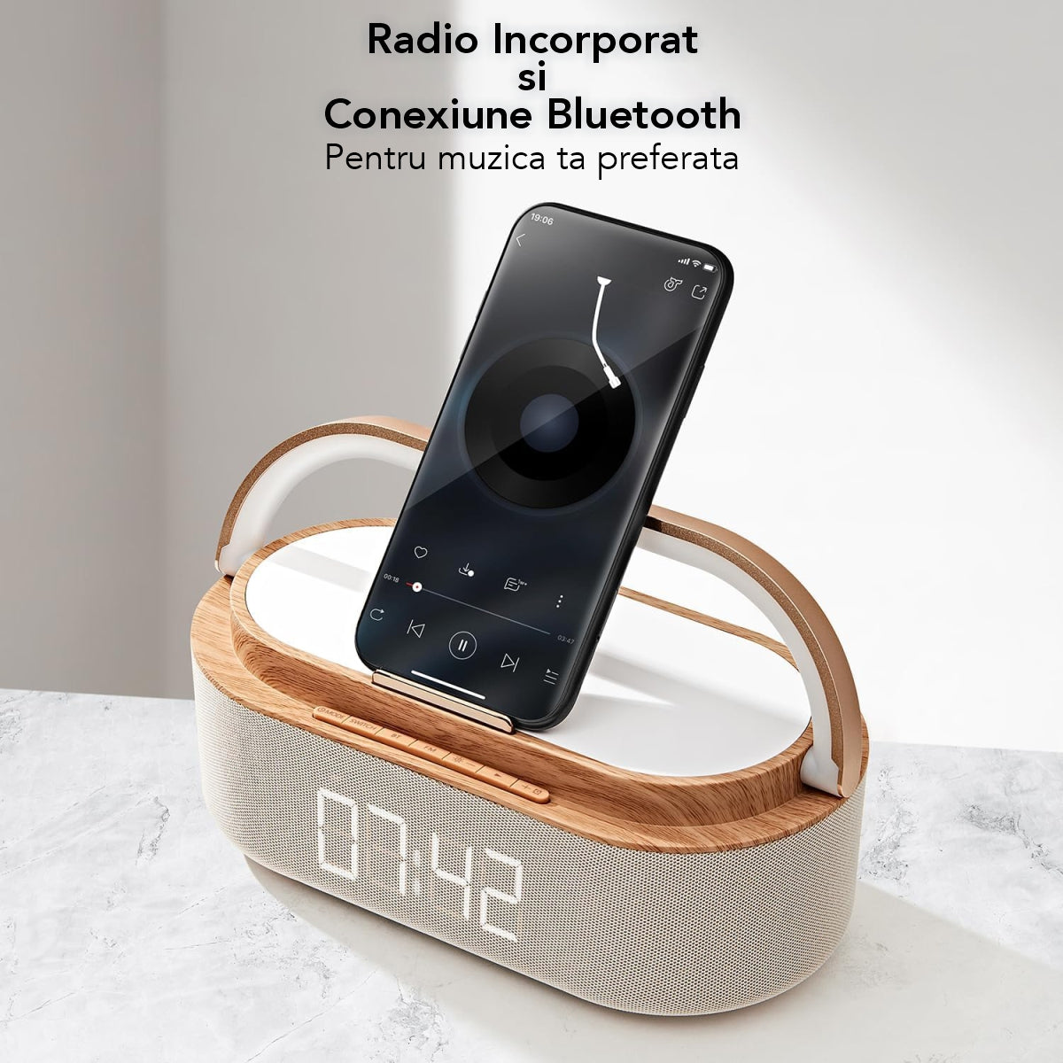 Ceas digital cu incarcator wireless incorporat, lumina de veghe reglabila, conexiune Bluetooth, Naimeed D6062, Maro, 225x87x116mm