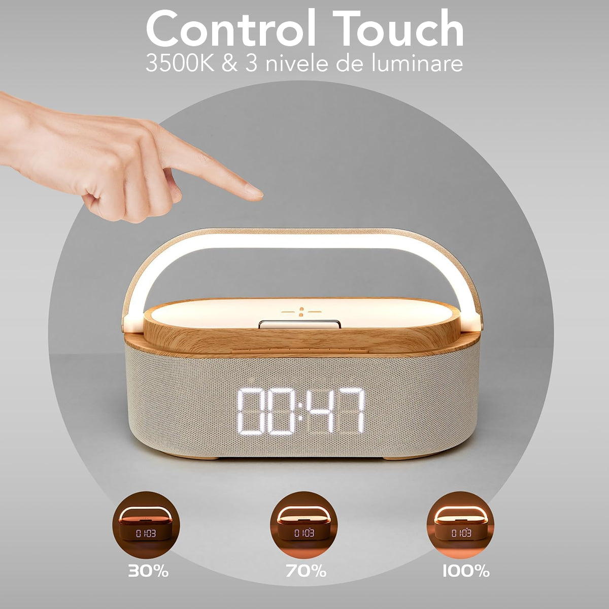 Ceas digital cu incarcator wireless incorporat, lumina de veghe reglabila, conexiune Bluetooth, Naimeed D6062, Maro, 225x87x116mm