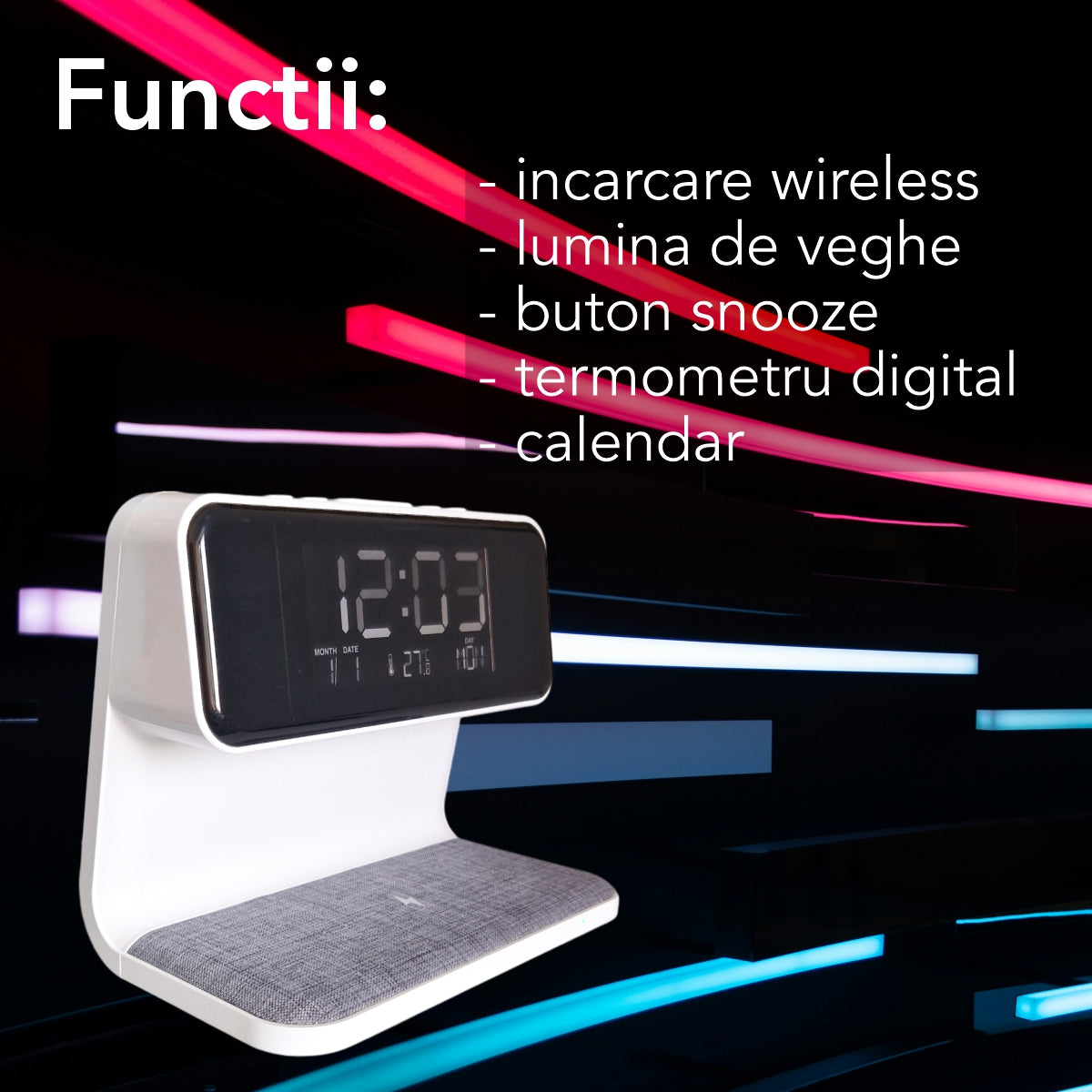 Ceas digital cu incarcator wireless incorporat, lumina de veghe reglabila, Naimeed D6063, Alb, 180x150x103mm