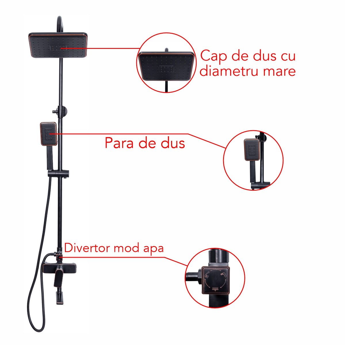 Coloana de dus, cu para fixa si para mobila, Naimeed D6137, 3 functii, otel inoxidabil, Negru
