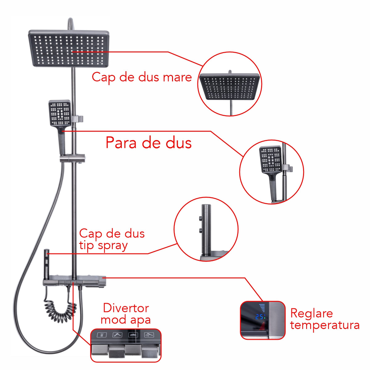 Coloana de dus, cu para fixa si para mobila, Naimeed D6138, 4 functii, otel inoxidabil, Argintiu