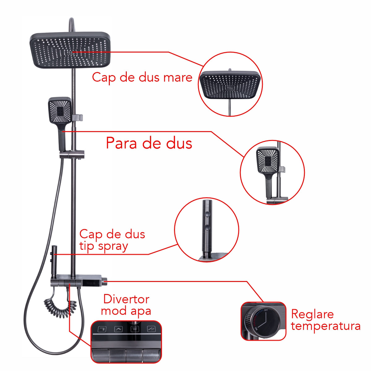 Coloana de dus, cu para fixa si para mobila, Naimeed D6139, 4 functii, otel inoxidabil, Gri