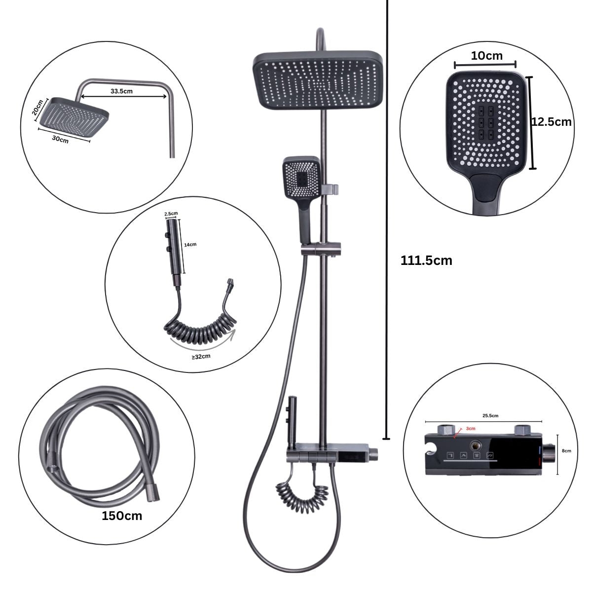 Coloana de dus, cu para fixa si para mobila, Naimeed D6139, 4 functii, otel inoxidabil, Gri