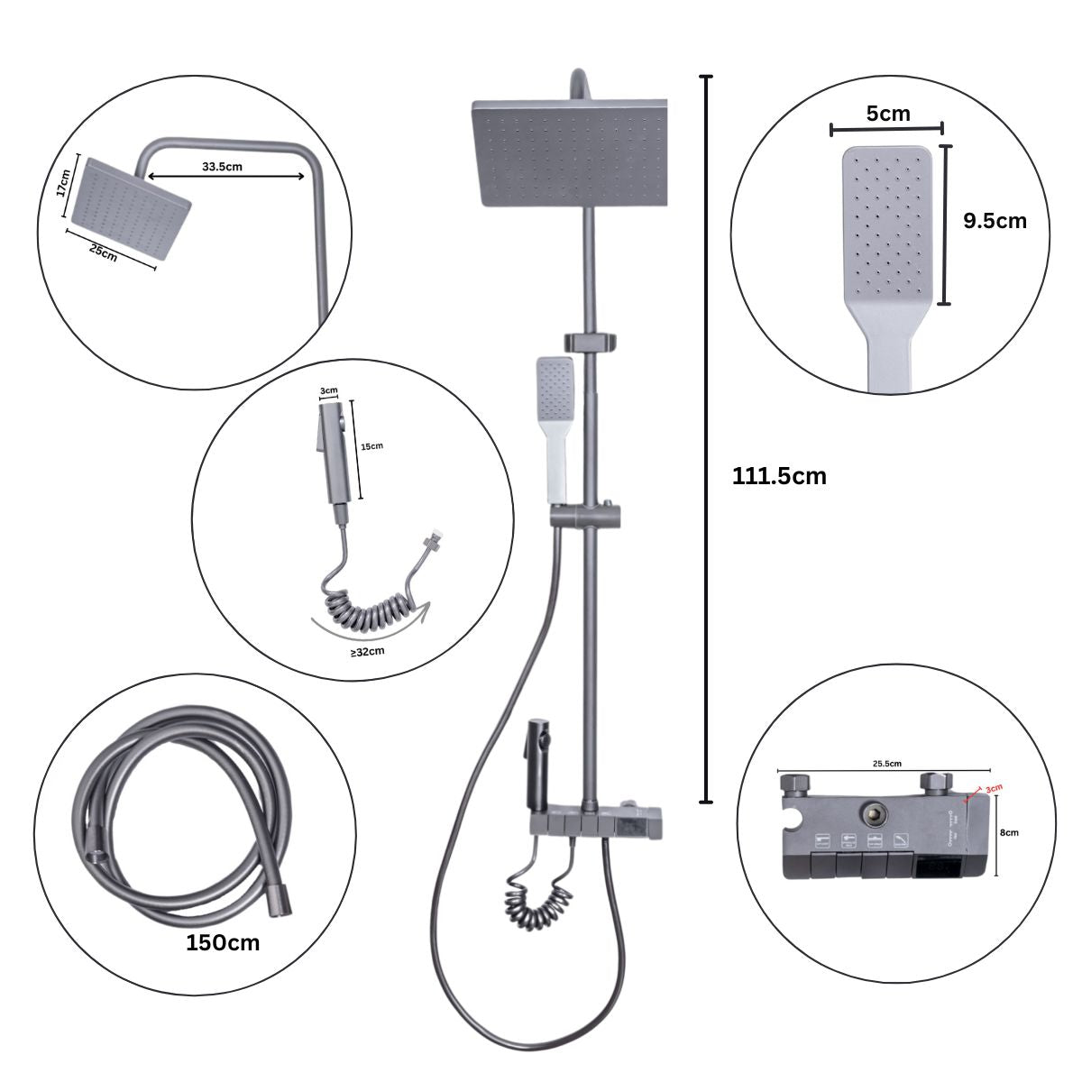 Coloana de dus, cu para fixa si para mobila, Naimeed D6142, 4 functii, otel inoxidabil, Gri