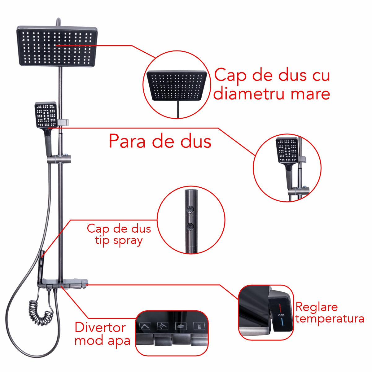Coloana de dus, cu para fixa si para mobila, Naimeed D6144, 4 functii, otel inoxidabil, Argintiu