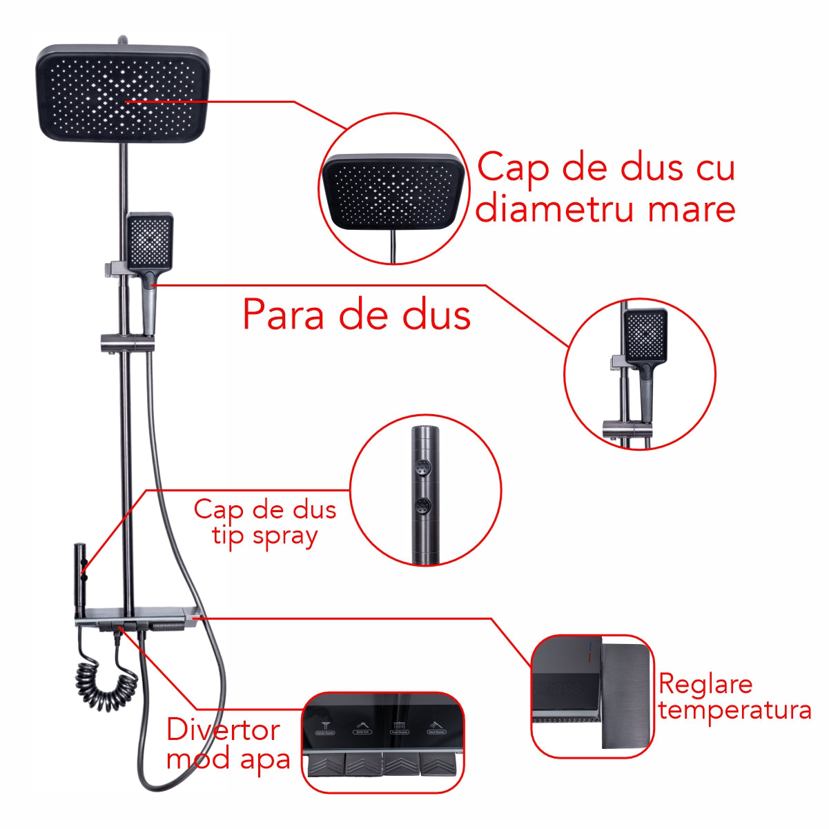 Coloana de dus, cu para fixa si para mobila, Naimeed D6145, 4 functii, otel inoxidabil, Gri