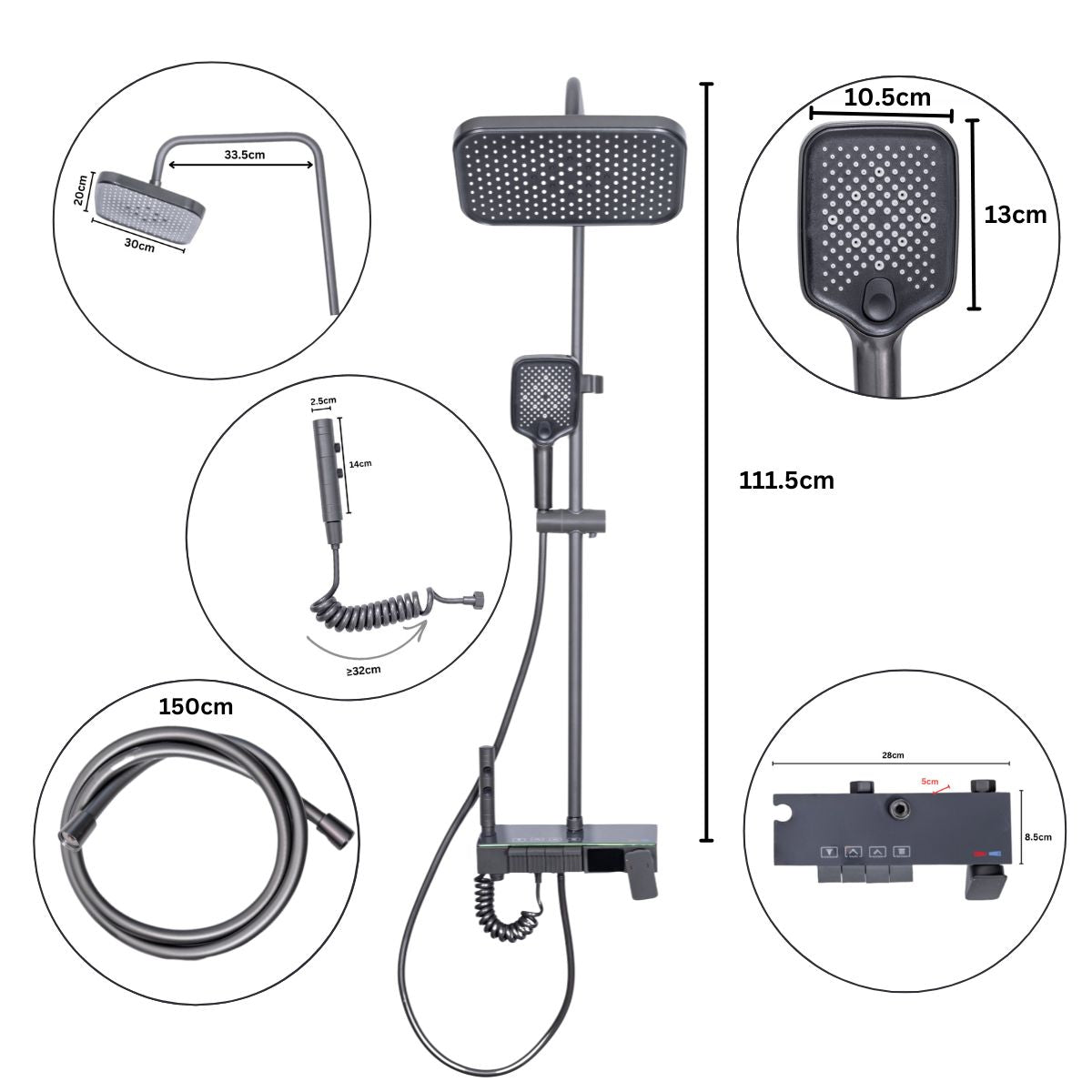 Coloana de dus, cu para fixa si para mobila, Naimeed D6147, 4 functii, otel inoxidabil, Gri